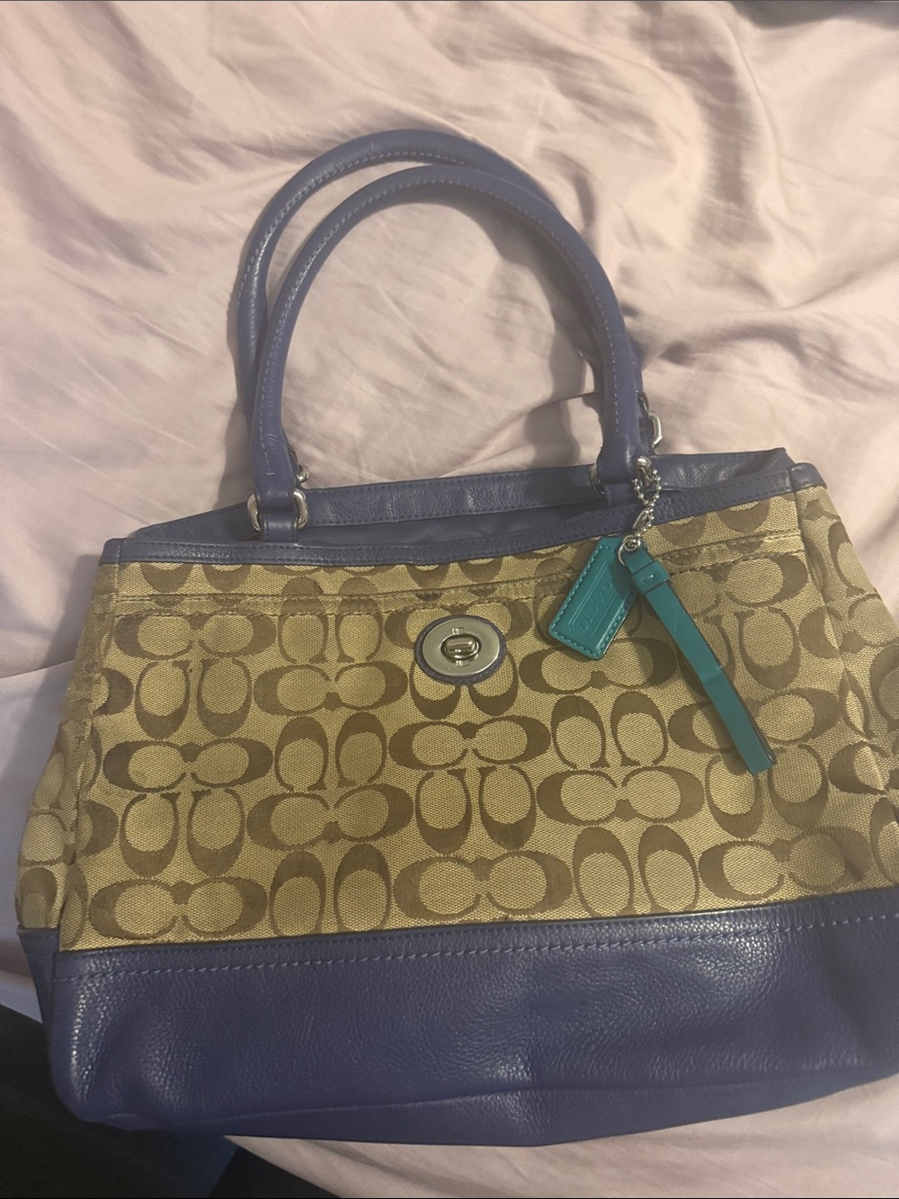 Coach Signature Canvas Tote Bag – purple Leather Trim + Teal Hangtag